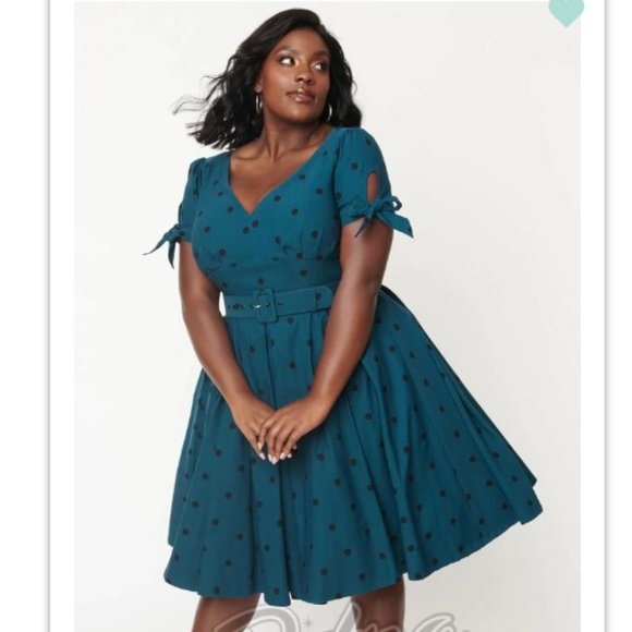 Unique Vintage Dresses & Skirts - Unique Vintage Doreen Teal Polka Dot Dress XL